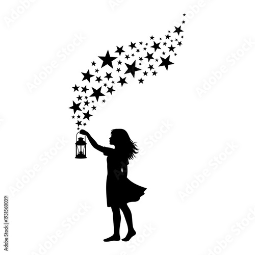 A silhouette of a girl releasing stars from a lantern