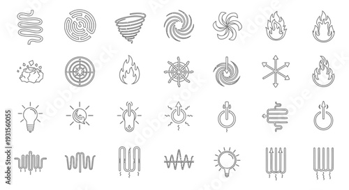 a versatile collection of abstract line art icons depicting energy power heat movement and cyclical concepts for modern graphic design