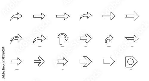 collection of modern line art arrow icons for user interface and web design representing direction navigation and next steps