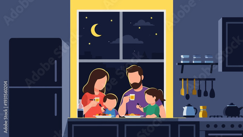 a happy family of four enjoying a cozy evening dinner together in their home kitchen promoting togetherness and domestic life