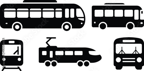 Bus, tram and trolleybus silhouette vector collection isolated on white background, public transport vehicle icon set for urban design