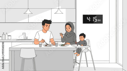 muslim family enjoying an early morning suhoor meal in a modern kitchen illustrating ramadan tradition and family bonding at 415 am.