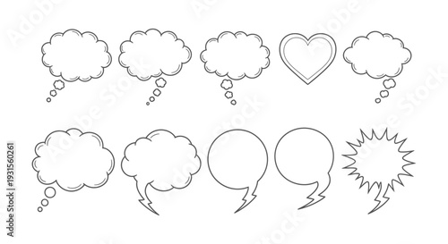 various hand-drawn speech and thought bubbles vector collection empty message shapes for communication conversation and design concepts.
