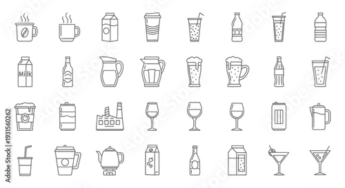various drinks and beverages line art icons set featuring coffee cups milk cartons beer and cocktails ideal for menus.