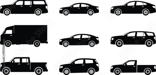 Car, SUV, pickup and delivery truck silhouette vector collection isolated on white background, modern transportation vehicle icon set