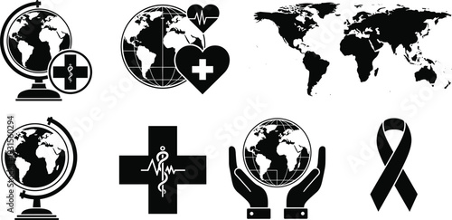 Black and white medical and global awareness symbols including globes, crosses, hands, and ribbons