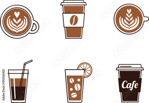 Set of flat coffee icons featuring top view latte art cups, take away paper cups, iced espresso with straw, and cold brew coffee with orange.