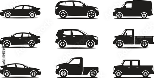 Car, SUV, van and pickup truck silhouette vector collection isolated on white background, modern transportation vehicle illustration set