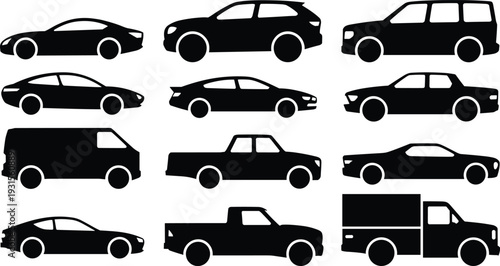Car, SUV, van, pickup and delivery truck silhouette vector set isolated on white background, transportation vehicle icon collection