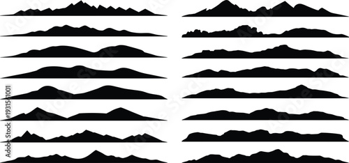 Collection of Black Mountain Silhouettes with Jagged and Rounded Peaks on White Background mountains