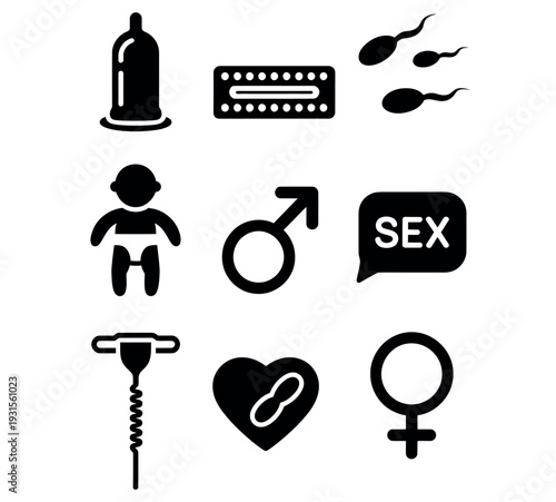 Sexual Health and Family Planning Icon Set with Birth Control and Reproductive Health Symbols Vector Illustration.
