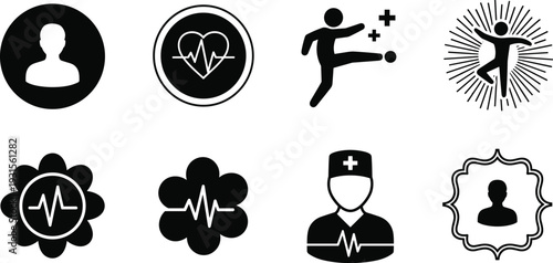 Set of black and white representing healthcare and fitness concepts including a person, heart rate monitor, running figure, medical and health symbols