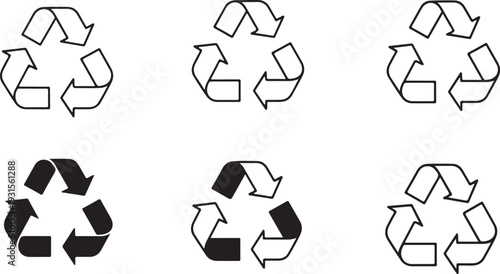 Six different recycling symbols each with a different color and design isolated on transparent background