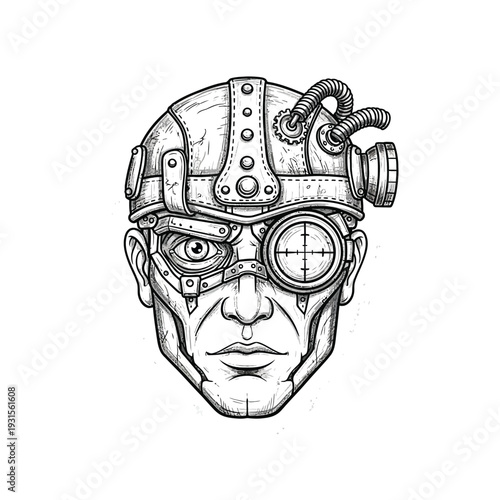 Detailed Steampunk Cyborg Head Illustration. Black and white line art depicting a futuristic bionic man with intricate gears, goggles, and a vintage-inspired helmet.