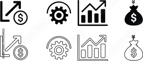 Business growth and finance icon set featuring dollar coin, gear, bar chart and money bag in solid and outline style vector illustration