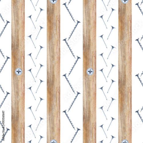 Photos Vertical seamless pattern of wooden slats, nails and screws on an insulated background