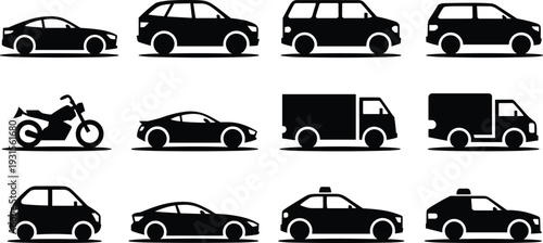 Vehicle silhouette vector set isolated on white background, car, truck, van and motorcycle transportation icon collection for logo design