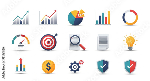 Collection of business and finance icons for data analysis and strategy.