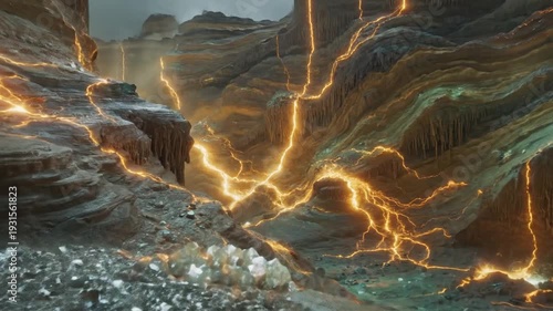 Cross-sectional view of layered earth formations inside a cavern with glowing teal mineral pockets