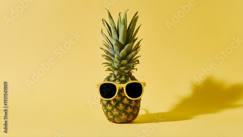 Cool Pineapple Wearing Sunglasses on Yellow Background Summer Fun Tropical