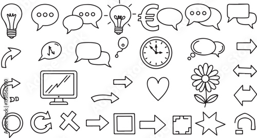 A diverse collection of icons representing various concepts and ideas isolated on transparent background