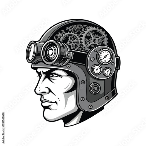Steampunk Man Profile with Mechanical Helmet, Gears, Goggles & Gauges Vector. Retro-futuristic Inventor Illustration, Concept of Innovation & Industrial Design.