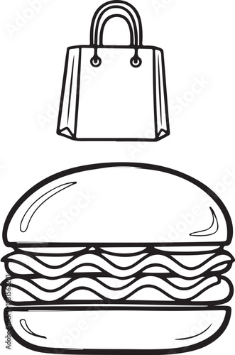 A handbag hovering above a double cheeseburger with a bun and lettuce isolated on transparent background