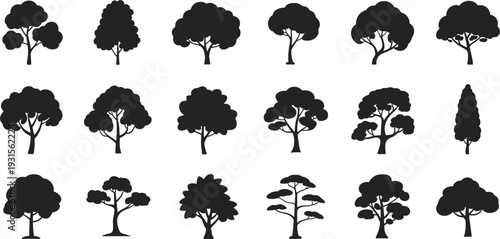 Collection of Silhouetted Trees in Various Shapes and Sizes on White Background nature plant