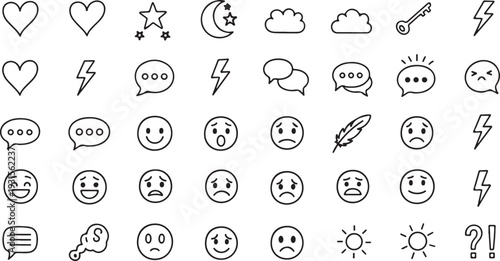 A comprehensive collection of diverse emojis and symbols for various expressions and actions isolated on transparent background