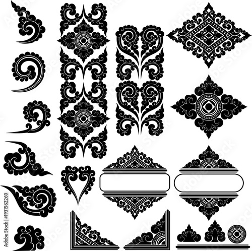 Thai Dvaravati Traditional Ornament Vector Elements Set for Decorative Design Prefer Floral Motifs and Vintage Frames