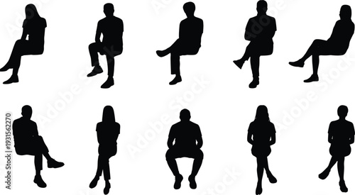Collection of silhouettes of people sitting in various poses on a white background vector illustration