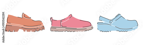 A chunky loafer, a micro boot and a platform clog isolated vectors. Women's footwear design, modern fashion shoes for girls illustration.