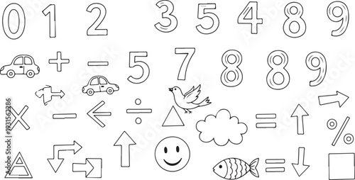 A creative illustration of numbers, symbols, and objects forming a whimsical scene. isolated on transparent background