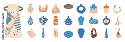 Colorful Flat Illustration Set of Decorative Ceramic Vases and Pots