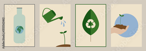 Earth Day concept posters with hand drawn Planet Earth and plants. Nature and ecology concept illustration. Set of eco posters.