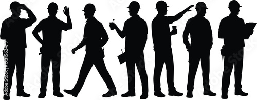 Construction workers in silhouette with tools and safety helmets on white background hard hats