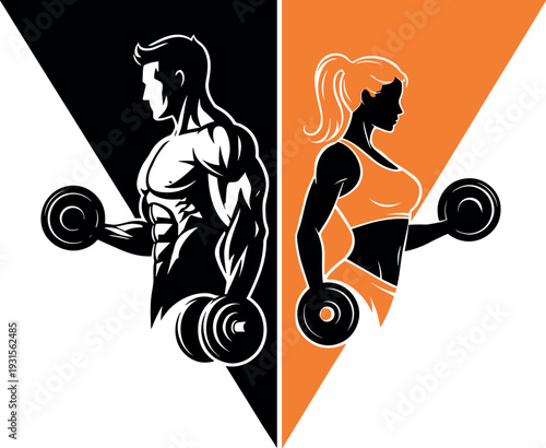 Fitness Workout Silhouette Man and Woman Lifting Dumbbells Gym Vector Illustration