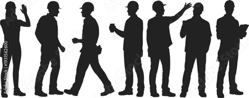 Construction workers in silhouette with tools and safety helmets on white background hard hats