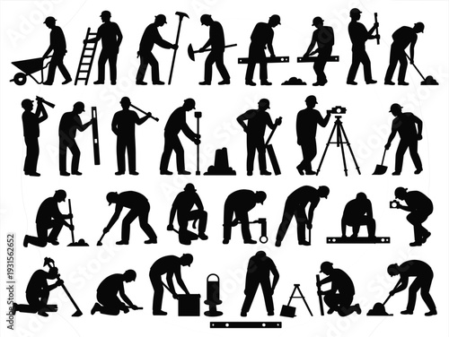 Construction workers silhouettes engaged in diverse building and measuring tasks with tools on white background Keywords