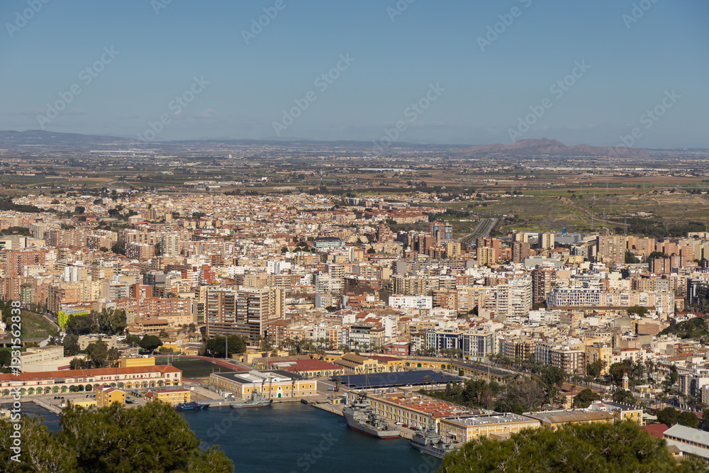 Fototapeta premium A panoramic view of Cartagena in Spain showcasing its vibrant urban landscape, historic architecture, and coastal charm with a focus on tourism and heritage preservation
