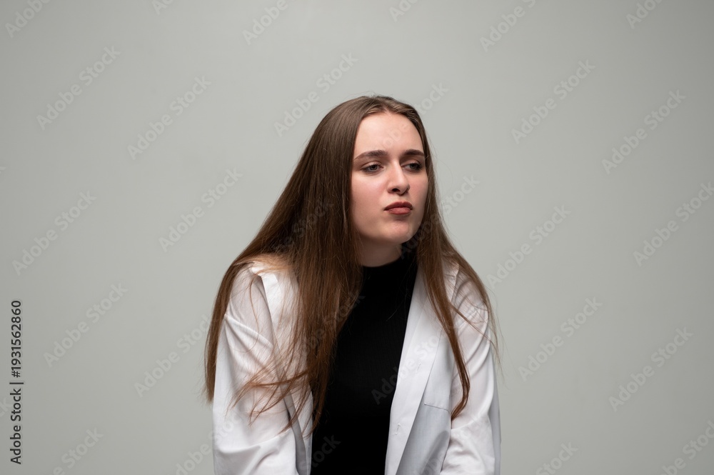 Fototapeta premium Young woman with long hair looking away, expressing doubt and uncertainty against a plain background