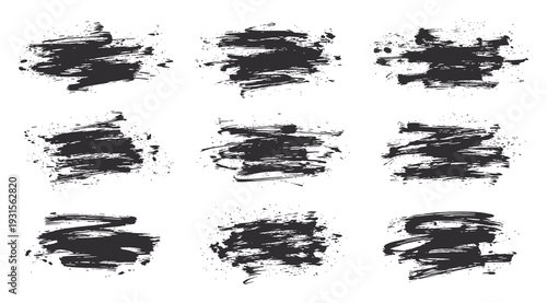 Nine black brush strokes on a white background for artistic or design purposes isolated on white background