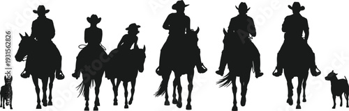 Cowboys and Dogs Silhouettes Riding Horses on a White Background vector illustration