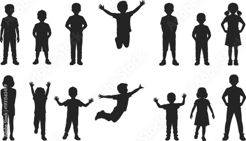 Diverse Silhouettes of Children in Various Poses and Activities on White Background kids girl
