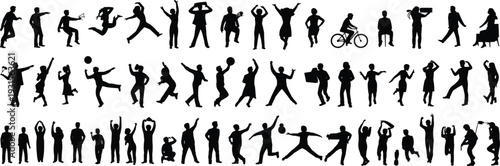 Diverse Silhouettes of People in Various Poses and Activities on White Background Keywords: silhouette, people, man, woman