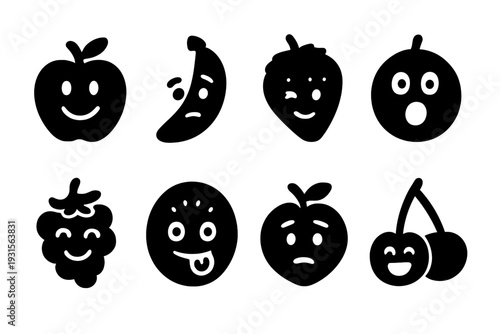 Expressive Fruit Icons. Fruit expressions. Filled icon set of Fruit expressions: happy apple, confused banana,