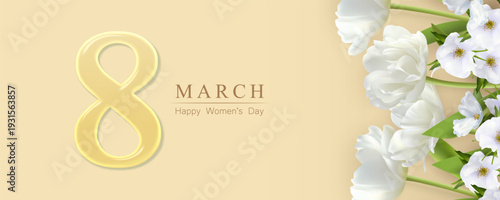 Women's Day background with flowers. 8 March. Transparent glass number 8 and beautiful tulips