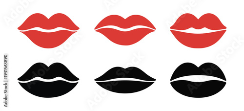 Collection of six lips icons in red and black colors with various shapes on white background
