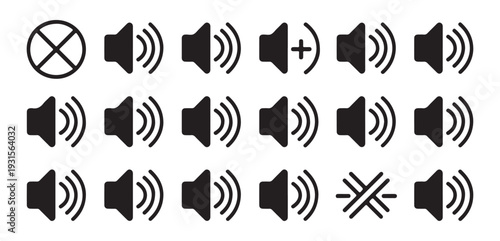 Set of volume control vector icons, various sound level symbols including mute and crossed out speaker