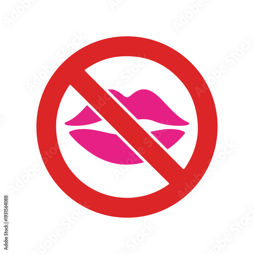 Prohibition sign with pink lips indicating concept of no kissing or forbidden romantic expression